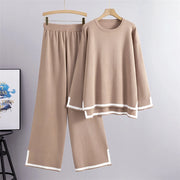 Elegant O-neck Side Slit Pullover Long Sleeve Sweater+wide Leg Pants 2 Piece Sets Womens Autumn Solid Color Casual Sweatshirts