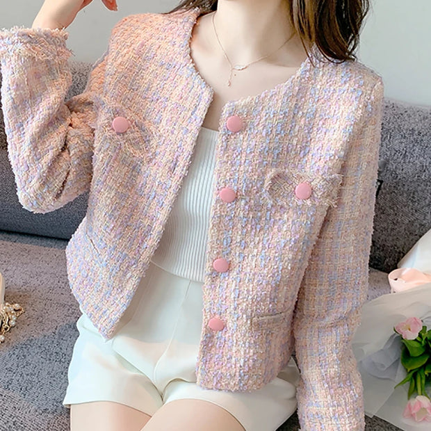 Women Pink Tweed Jacket Elegant Buttons Up Cardigan Coat Female Long Sleeve Tassel Office Outerwear Autumn Winter Chic Overcoat