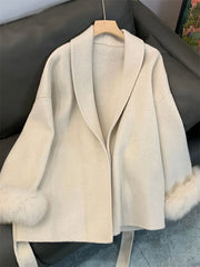 Tossy Fox Fur Wool Overcoat Women's Short Coat Office Lady Elegant Double-sided Woolen Coat 2025 New Cardigan Jackets Loose