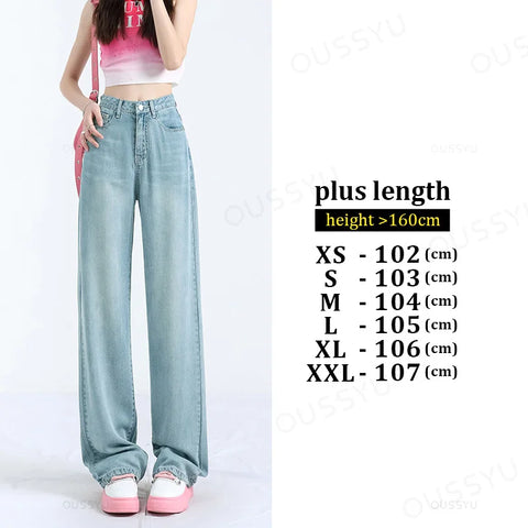 OUSSYU Summer Soft Lyocell Fabric Woman Jeans Thin Loose Straight High Waisted Pant Fashion Comfort Retro Blue Casual Trousers