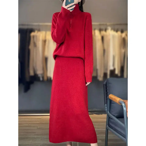 Autumn and Winter Korean Edition New Fashion Set Stand up Collar Zipper Sweater+Skirt Slimming Two Piece Set