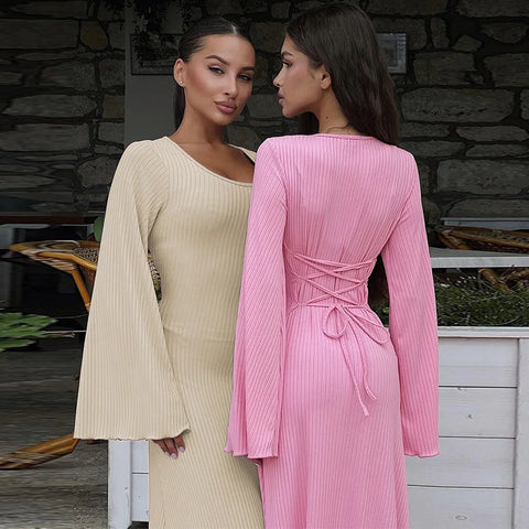 Elegant Knitted Maxi Dress For Women Fashion Solid Lace Up Long Sleeve Slim Dresses New Lady Commuting Robe Party Vestidos 2024