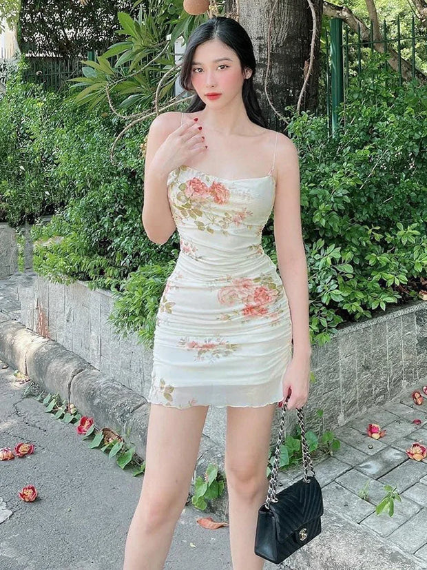 Women's Summer Short Dress New Sweet Printed Halter Mesh Slim Retro Flower Dresses