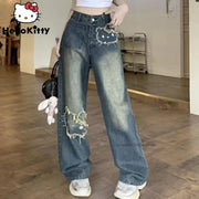 Sanrio Hello Kitty Wide Leg Pants Y2K Korean Version Streetwear Jeans Women Vintage Blue Loose Straight Trousers Cartoon Fashion