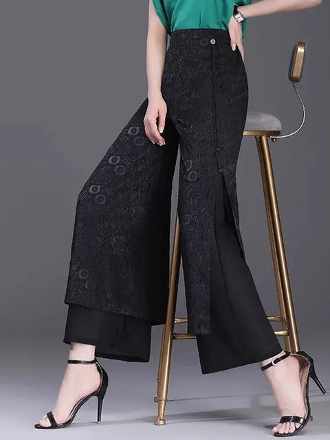 Split Jacquard Weave Wide Leg Pants Women Casual High Waist Baggy Straight Pantalones Spring Fall Loose Ankle Length Calca New