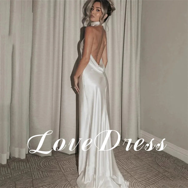 Customized Love Sexy Halter Soft Stain Meimaid Open Back Wedding Dress Simple Floor Length Sleeveless High Neck Robe de mariée