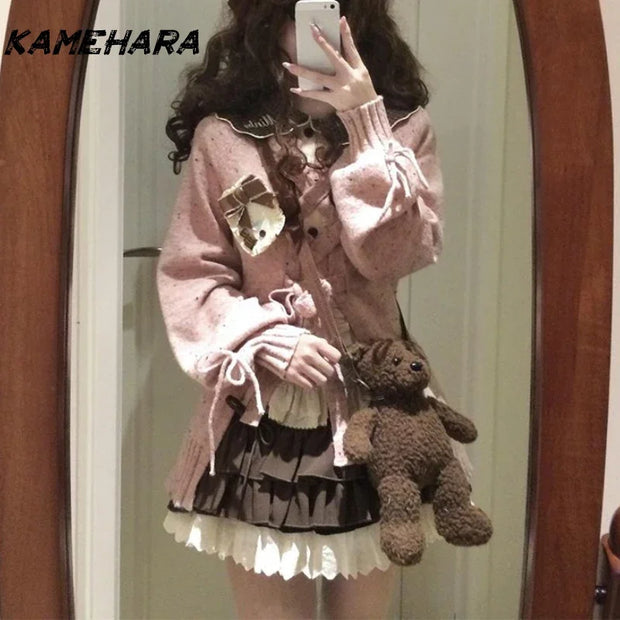 KAMEHARA French Lolita Set Cute Sweet Lapel Long Sleeved Shirt Mint Colored Sweater Short Skirt Spring Autumn 3 Piece Set Платье