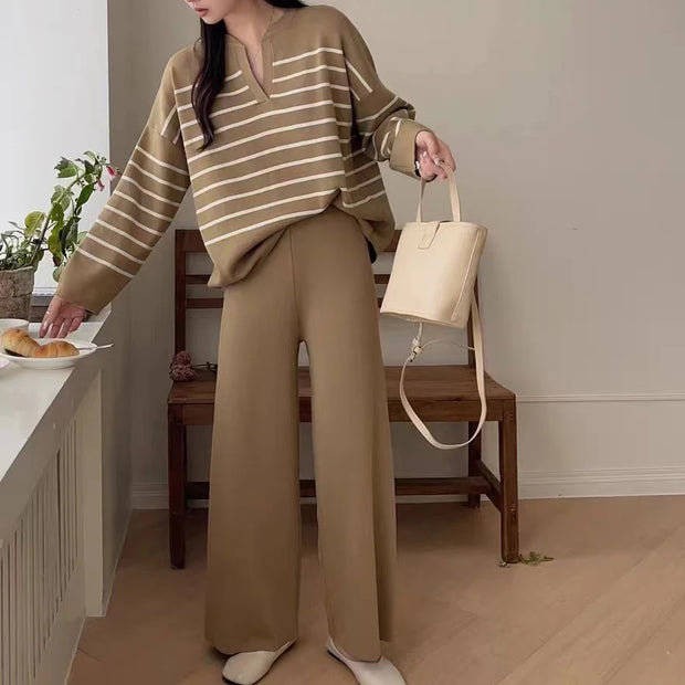 Women's Sweater Matching Set Winter New In Stripe Knit Pullover Long Sleeve Top Wide Leg Pants Set Casual Elegant Women's Sets