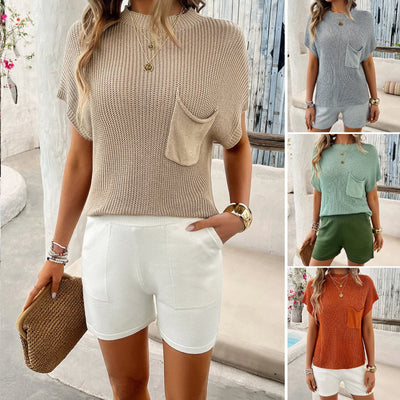 2025 Summer Women's Set Two Pieces Solid Color Lady's Knit Short Sleeve Tops Pocket Slim Women's Shorts Women's Clothing Sets