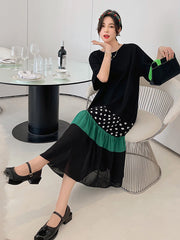 NYFS 2025 Summer New Korea Woman Dress Vestidos Robe Elbise Loose Plus Size Patchwork Dot Hem Short Sleeve Long Dresses