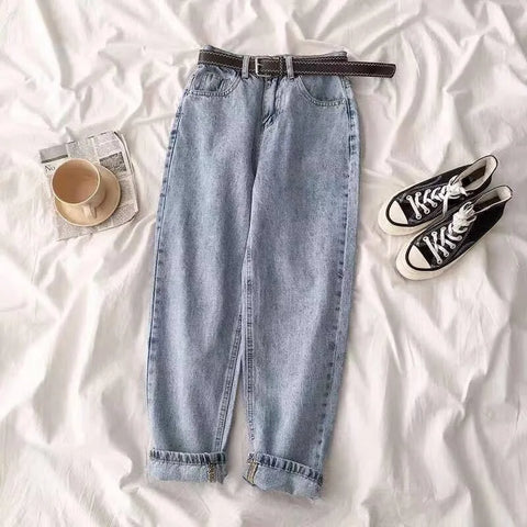 Water Washing High-waisted Straight-leg Jeans, Women's New Spring and Summer Fashion Loose Haroun Pants, Casual Cropped Pants