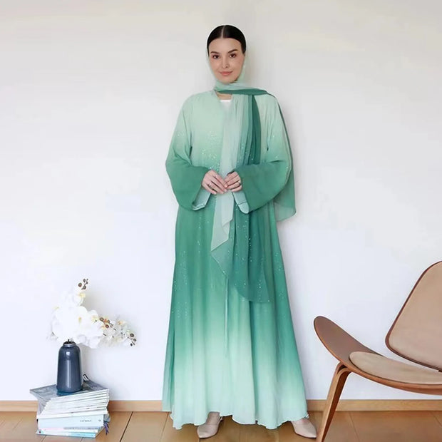 Dubai Luxury Shiny Gradient Color Abaya Open Kimono Muslim Dresses with Scarf Chiffon Modest Robe Khimar Islamic Kebaya Caftan