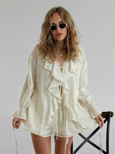 Elegant Ruffled Collar Lace Up Women Shirt Set Chic High Waist Short Female Pant Sets 2025 New Casual O Neck Solid Lady Top Suit