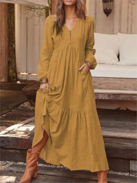 Dresses For Women Long Dress 2023 New Loose Fashion V-Neck Casual Solid Long Sleeve A-Line Sexy Dresses Elegant Ruffles Vestido