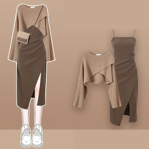 Women Spring Autumn New Vintage O-Neck Knit Sweater+sexy Sling Skirt 2-piece Suit Korean Chic Short Pullover Dress Matching Set