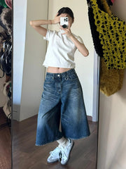 2024 Vintage Wash Whiskers Denim Shorts Women Low Rise Distressed Frayed Wide Leg Baggy Jeans Jorts Casual Summer Clothes