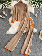 Autumn Korean Fashion 2 Piece Set Women Y2k Long Sleeved Knit Sweater+High Waist Slim Straight Leg Pants Casual Office Lady Suit