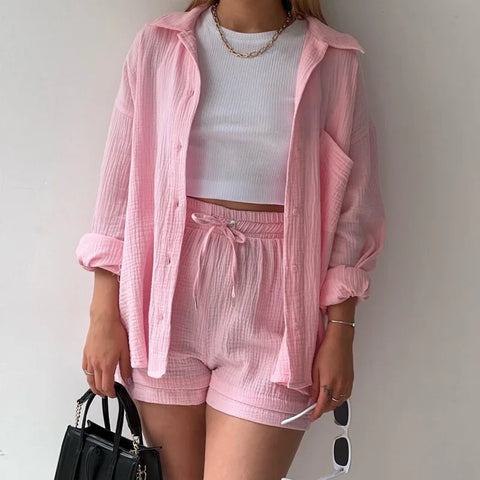 Summer Women's Suit Short Sets Outfits Muslin Suit For Women 2024 Two Piece Sets Female Clothing Solid Button Lapel Outfits