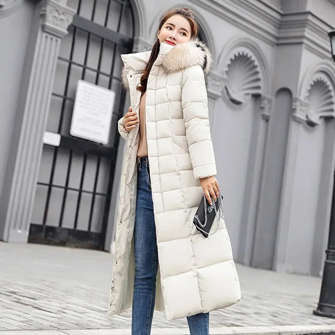 Long Down Cotton Parkas Coat Female New Winter Over Knee Loose Large Fur Collar Hooded Warm Thick Parkas Women Padded Overcoat