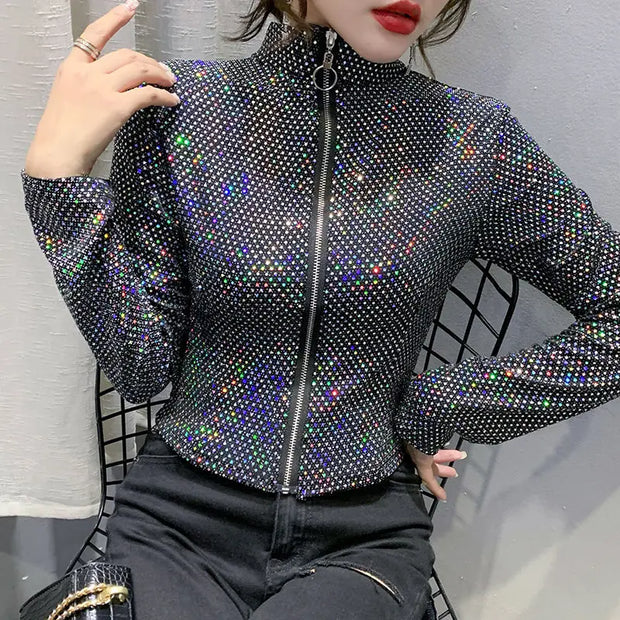 Autumn Jacket Women New Glitter Sequined Short Jacket Female Fashion Long Sleeve Design Sense Sexy Bottoming Shirt