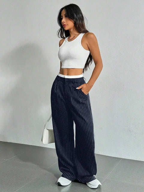 Women Stripes Printed Full Length Pants Trousers High Waist Fashion Casual Y2K Pants Loose Wide Leg