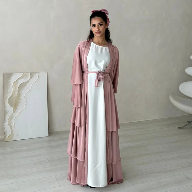 Eid Satin Abayas for Women Ruffles Cardigan Muslim Dress Dubai Turkey Kaftan Kimono Jalabiya Islam Prayer Ramadan Kebaya Robe