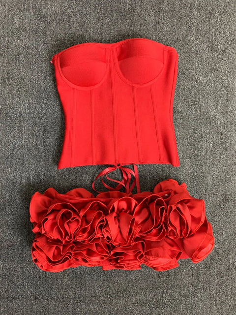 Women Red Evening Bandage Dress Hot Strapless Bodycon Flowers Hem Laced Up Mini Celebrity Birthday Party Dresses One Piece Gala