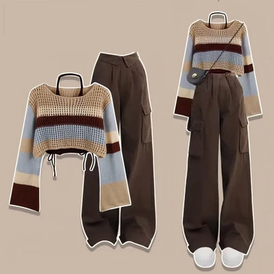 Women's Spring Vintage Hollow Stripe Long Sleeved Knitwear+Strap+Cargo Pants Suit Korean Elegant Sweater Trousers Matching Set