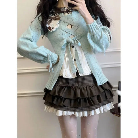 KAMEHARA French Lolita Set Cute Sweet Lapel Long Sleeved Shirt Mint Colored Sweater Short Skirt Spring Autumn 3 Piece Set Платье