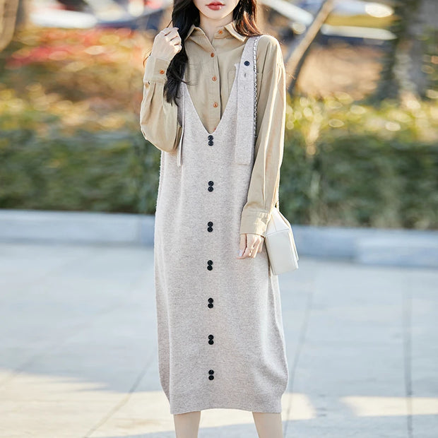 Spring and autumn knitted strap dress women's wool sweater fashion large size pullover strap skirt V-neck Chic button Long dress