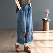 Retro National Style High Waist Embroidered Jeans Female Spring Autumn New Loose Wide-Leg Denim Trousers Women's clothing 2023