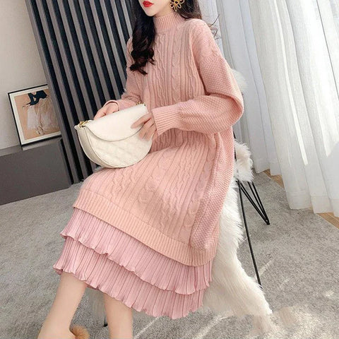 Autumn Winter Long Sleeve Sweater Dress Women Korean Ruffles Loose Knitted Dresses Woman 2023 Women's Mid-Length Knit Base Dress