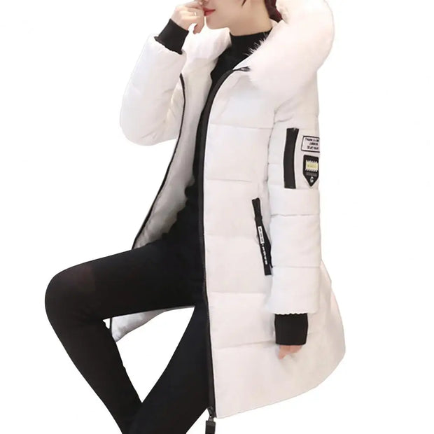 Hooded Cotton Coat Windproof Hooded Winter Cotton Coat with Zipper Pockets for Women Thickened Warm Mid Length Down Coat