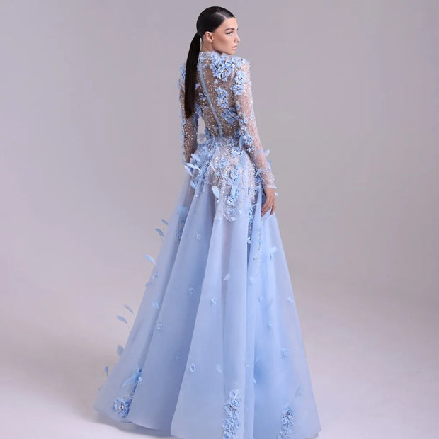 Bella Customize Blue Mermaid Feathers robes de soirée 3D Flowers Halter Neck Prom Dresses Gloves Floor-Length Wedding Dress 2025