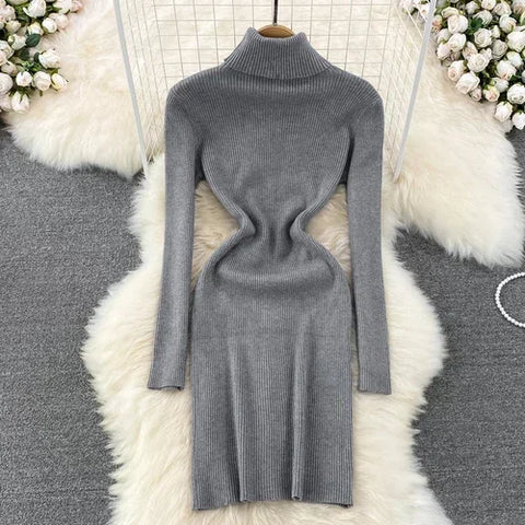 Elegant Turtleneck Long Sleeve Knit Bodycon Pencil Dress Slim Basic Fashion Sweater Vestido Sexy Women Autumn Winter Clothing