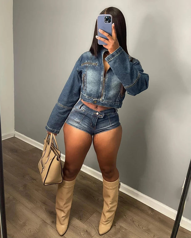 2024 New Arrival Fashion 2 Piece Outfits Zipper Long Sleeve Crop Jean Jacket and Denim Shorts Women Two Piece Denim Sets