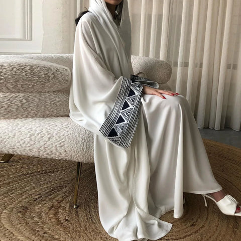 Eid White Open Kimono Abaya Dubai Luxury embroidery Islam Muslim Kaftan Dress Kebaya Palestine Abayas Women Jalabiya Vestidos