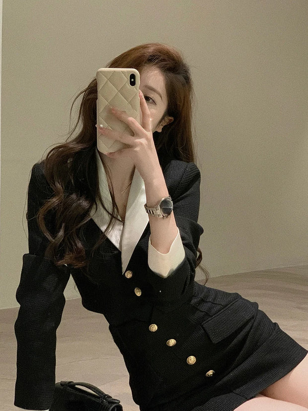 Black Y2k Mini Skirt Set Women Casual Korean 2 Piece Dress Set Crop Tops Jacket Tops + Short Skirts Elegant Suit 2022 Autumn New