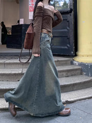 Women Korean Style A-Line Jean Skirt Denim Long Skirt Harajuku Y2k 2000s Vintage Skirts 90s Aesthetic Streetwear Fashion Clothes