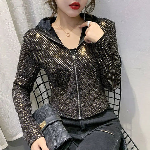 Autumn Jacket Women New Glitter Sequined Short Jacket Female Fashion Long Sleeve Design Sense Sexy Bottoming Shirt