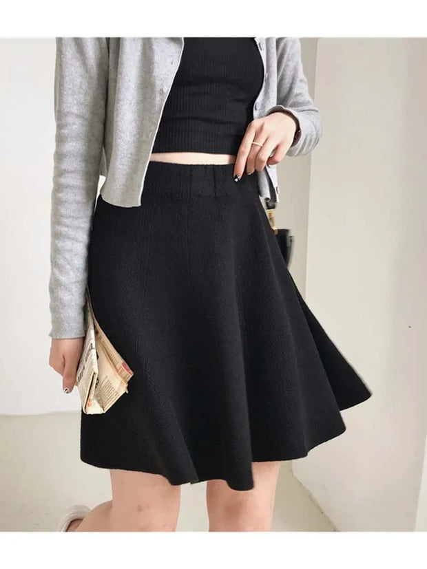 Knitted Mini Skirts Women High Waist Pleated Skirt Autumn Winter Streetwear Solid All Match A Line Skirts