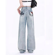 Sanrio Hello Kitty Wide Leg Pants Y2K Korean Version Streetwear Jeans Women Vintage Blue Loose Straight Trousers Cartoon Fashion