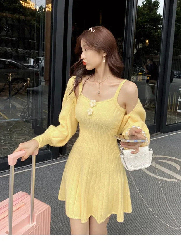 TKNOLEGE Autumn Winter Sweet Knitted Two Piece Dress Set Women Casual Coat+Strap Dress Set Female Korean Style Solid Dress Suit