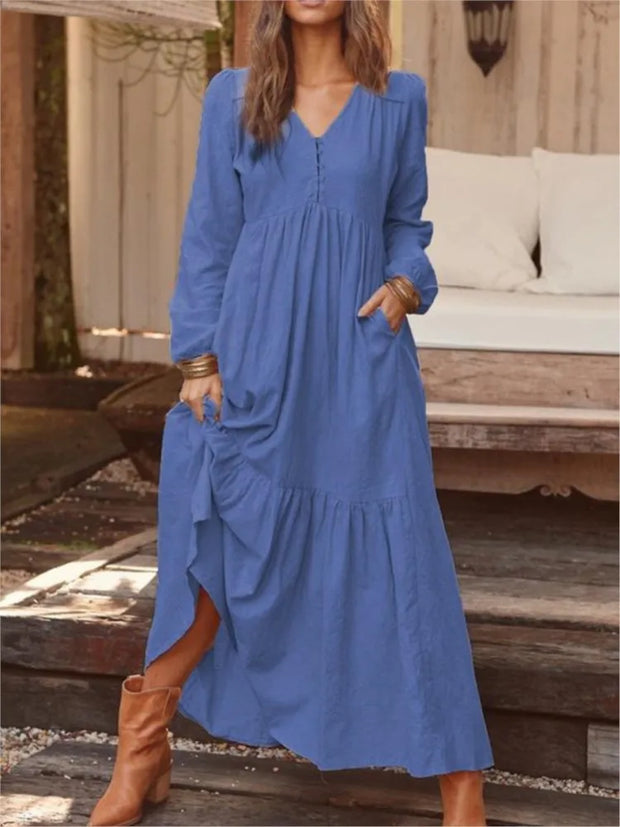 Dresses For Women Long Dress 2023 New Loose Fashion V-Neck Casual Solid Long Sleeve A-Line Sexy Dresses Elegant Ruffles Vestido