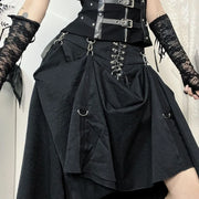 Goth Dark Acubi Fashion Black Swing A-line Skirt Punk Grunge Metal Buckle Streetwear Bandage Skirts Mall Gothic Alt Clother