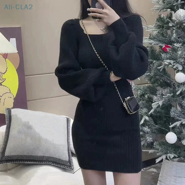 Elegant Solid Knit Mini Dress Women Square Collar Long Lantern Sleeve Dresses