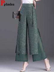 Split Jacquard Weave Wide Leg Pants Women Casual High Waist Baggy Straight Pantalones Spring Fall Loose Ankle Length Calca New