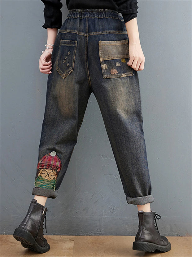 6537 Cartoon Litter Girl Embroidery Denim Pants For Women Trendy Hole Casual High Waist Breeches Pockets Mom Harem Blue Jeans