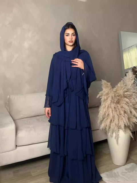 Kimono 3 Layer Chiffon Abayas for Women Muslim Dress Dubai Turkey Kebaya Open Abaya Islamic Jalabiya Caftan Marocain Femme Robe