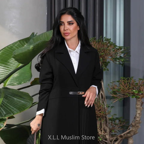 Abaya Dubai Luxury Middle East Elegant Arbian Abayas Black White Cardigan Kebaya Islamic Kaftan Pleated Leather Buttons Coat